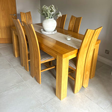 Wood Rectangular Dining Table & 6 Chairs Set Striped Fabric Seats Brown/Grey