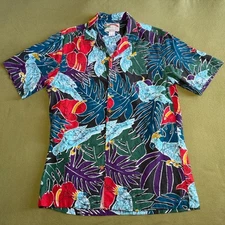 RARE Vtg Paradise Found Hawaiian Aloha Blue Mens Jungle Bird Magnum Cotton M