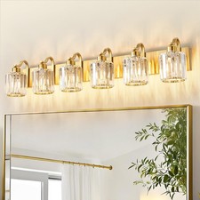 Modern Bathroom Vanity Light 6-Lights Brass Gold Vanity Light Crystal Wall Li...