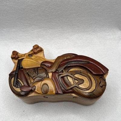 Carved Motorcycle Wooden Puzzle Trinket Stash Box