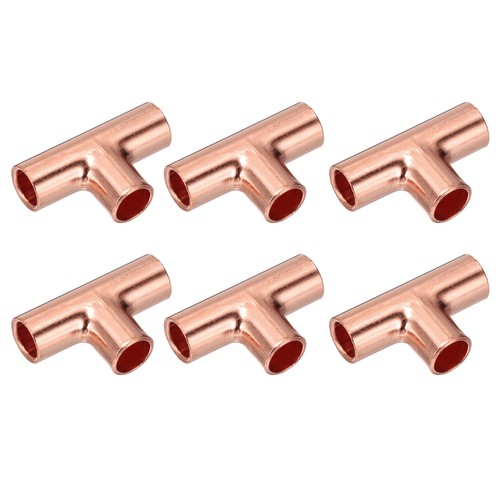1/4"(6mm) ID 0.8mm Thick Tee Copper Fitting, 6pcs 3 Way Pure Pipe Fitting
