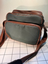 Vintage retro padded camera bag - green nylon with brown leather trim S-1 GN