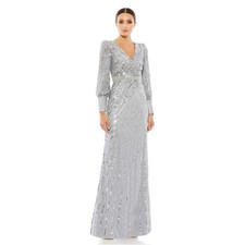 Mac Duggal 5501 Silver Sequined Wrap Over Bishop Sleeve Gown Size 4 NWT