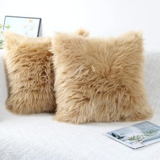 Image of OYIMUA Beige 18 x 18 Inches Cushion Covers Pack of 2 Fluffy Soft Faux Fur Squar