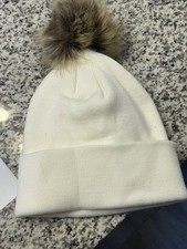 White Beanie Hat Faux Fur Pom Pom One Size Winter Stocking Cap