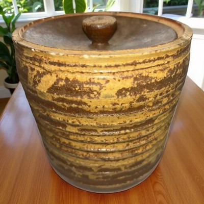 Studio Pottery Canister Studio Lidded Ribbed Brown Signed 7 Inch Jar