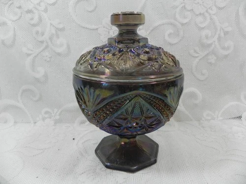 Vintage Imperial Glass Pedestal Dish Compote Smoke Carnival Glass Eastern Star