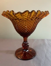 Vintage Amber Glass Diamond Pattern Ruffled Compote