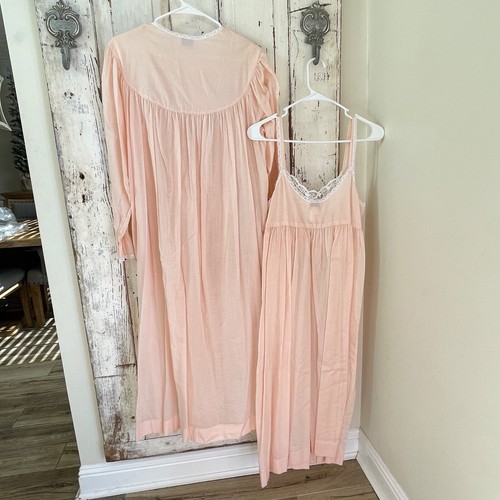 Vintage Eve Stillman Size Medium Cotton Lace Beaded Nightgown Dainty Rob Set - Picture 7 of 10