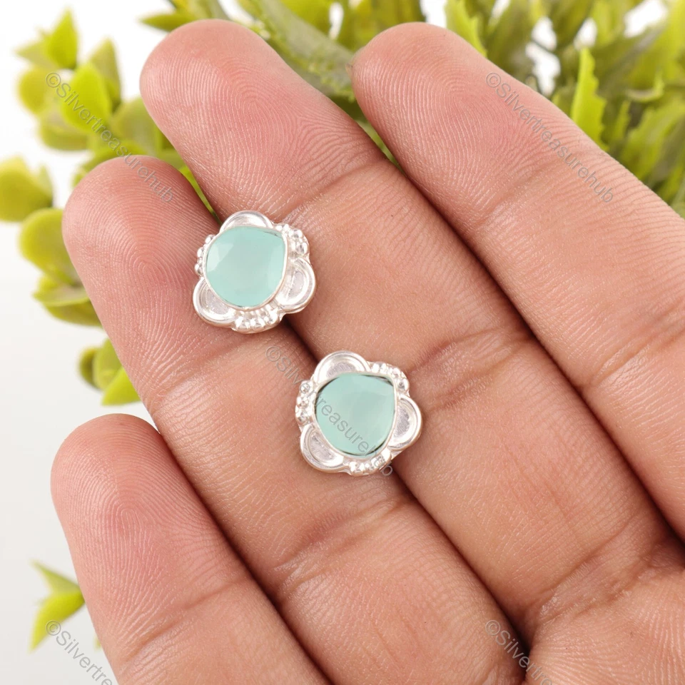 Серьги-гвоздики из чистого серебра с драгоценными камнями аква халцедоном для дочерей ремесленников - Изображение 3 из 4