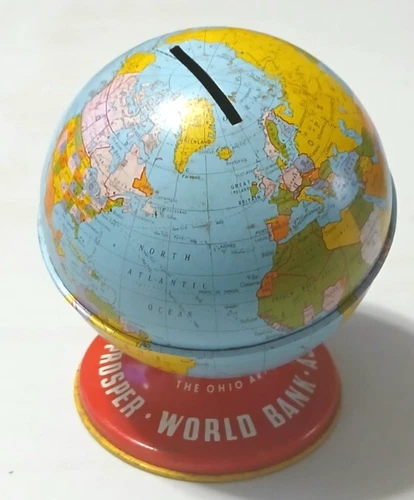 Vintage The Ohio Art Co World Bank Globe Metal Bank .Made in USA. N0 Dents