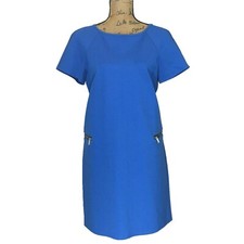 Ann Taylor Dress MED Cobalt Blue Shift Short Sl Faux Leather Pocket Zip Stretch
