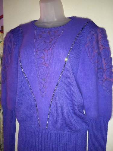 Vintage 80s Eugenia Purple Angora Embellished Rhinestone Lace Knit Sweater EUC L - Picture 8 of 9