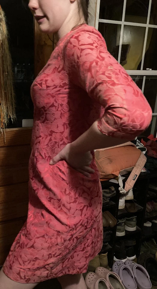 Vestido Brocado Vintage Anos 60 Feminino Rosa Festa Floral Shift Médio Tamanho 8? Retrô - Imagem 4 de 4