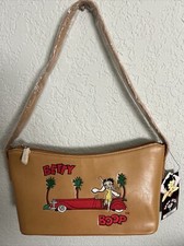 Betty Boop w/Car Tan Faux Leather Embroidered Small Zippered Handbag Cute NOS