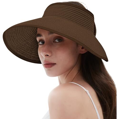 Women's Sun Visor Hats Wide Brim Straw Beach Hat Ponytail Hats for