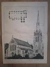 Antique Architectural Lithograph . C1883. Whitecross Church Hereford. 