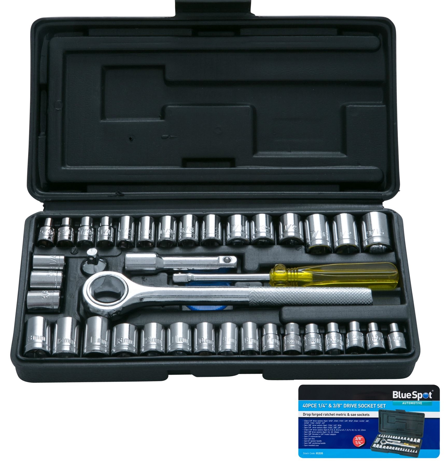 Bluespot 40 Pc 1/4"" & 3/8"" Drive Socket Set Metric Imperial Ratchet Extension