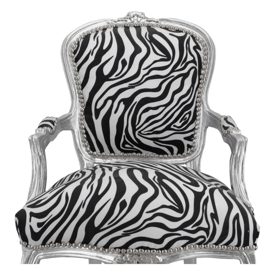 Poltrona Sedia in legno foglia argento con braccioli e tessuto zebrato - Immagine 4 di 4