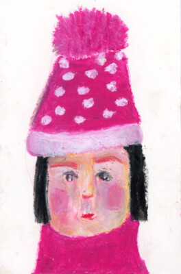 Girl Child Portrait Painting Pink Pom Hat Naive Outsider Winter Art Miz Katie