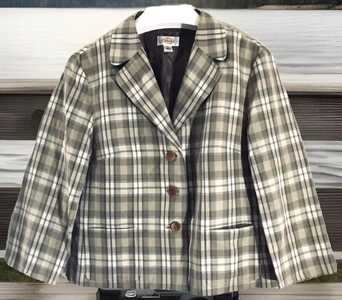 Talbots Damen Blazer Jacke Mantel beige kariert Leinen gefüttert Fronttaschen Größe 18