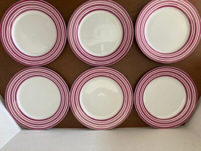 Six 6 Basics Konitz Lunch Dessert Salad Snack Plates White w Maroon Gray Stripes