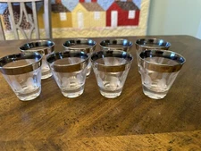 Vintage Bar Glasses MCM Double Shot Set of 8 Silver Rimmed / Frosted Dots 3oz