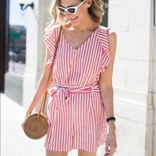 LOFT Red and White Striped Ruffle Sleeve Romper Size 2