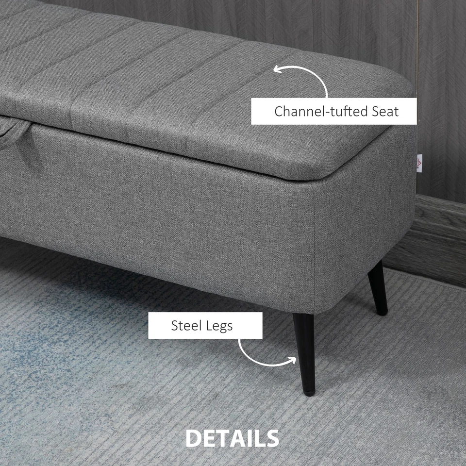 HOMCOM Storage Ottoman Bench, Linen Fabric Footstool with Steel Legs Grey - Image 4 of 4