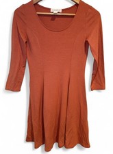 Forever 21 Rust Coral Orange Skater Dress 3/4 Sleeve Fit Flare Midi Stretch - S