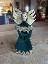 URALTER RAUSCHGOLDENGEL GOLDEN Flügel Grüner SAMTUMHANG Christbaumspitze Vintage