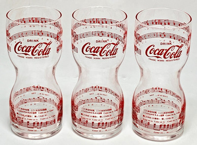 Coca-Cola Logo Glass Collectible Tumbler Set of 3 Music Note Print Red Japan