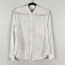 Rails Charli Linen Blend Button Up Shirt Size Small White Gold Scallop Shell