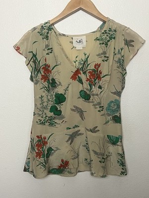 Anthropologie Mermaid Floral Dragonfly Silk Blouse Women s Size 2 Tan Boho Fairy