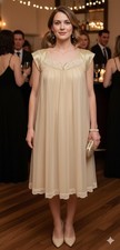VTG Chiffon Negligee Or Gown Fully Lined Beige W/ Lace No Tag Fits Like XL