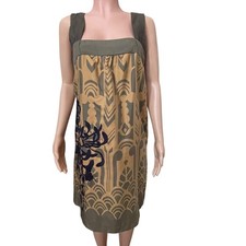 Floreat Silk Cotton Art Deco Print Dress Olive Gold Embroidered Boho Party 10
