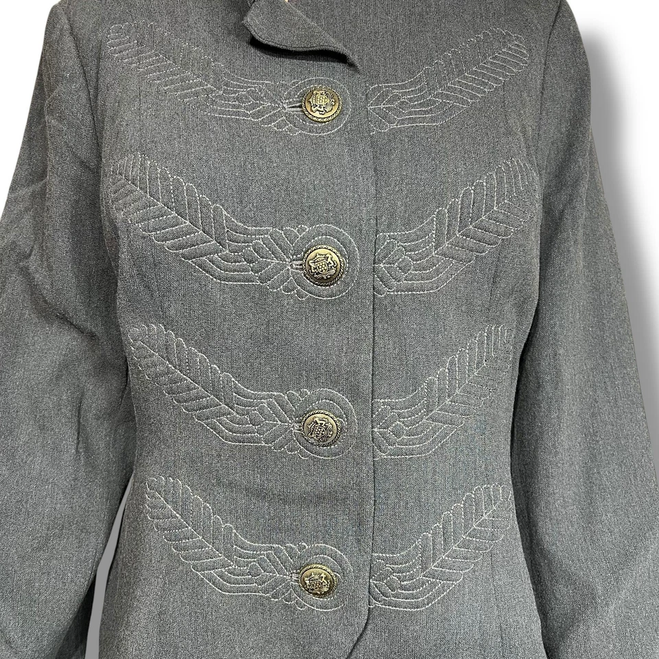 CAbi Womens Blazer Jacket Military Style Gray Embroidered Button Accents Sz 10 - Image 2 of 4