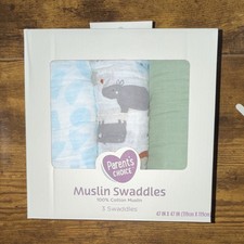 Parent's Choice Muslin Swaddles 3 Pack 100 Cotton Animals Multicolor 47x47in