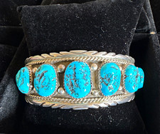 925 Sterling Silver 11 Chunk Turquoise Bezel Set Cuff Bracelet Signed.
