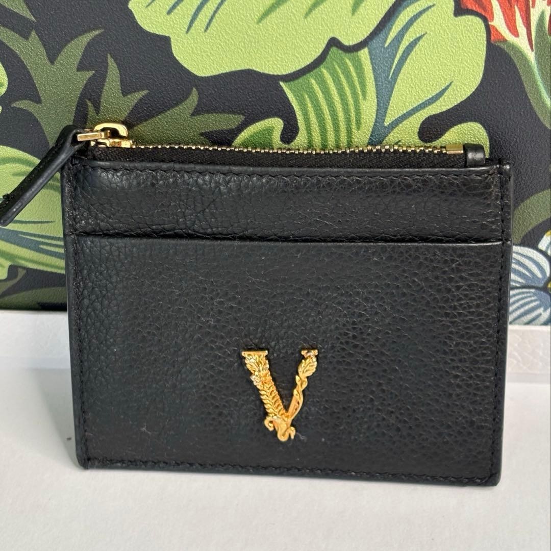 Versace VIRTUS Card Coin Case Black Gold Icon Leather