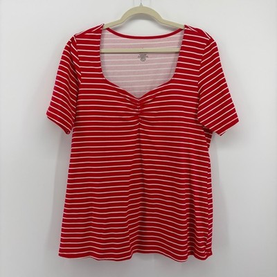 Torrid Red White Stripe Sweetheart Neck Ruched Front Short Sleeve Tee Plus 2X