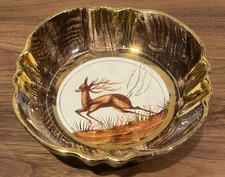 Vintage Hand Painted Brown & Gold Deer Wildlife Ceramic Bowl Made in Belgium EX