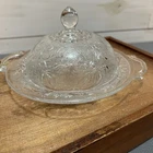 Vtg Anchor Hocking Clear Glass Butter Dish 1940s pressed glass floral and scroll