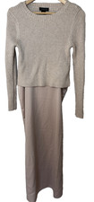 Rachel Zoe Tan Beige  Ribbed Sweater Slip Satin  Dress Size Large