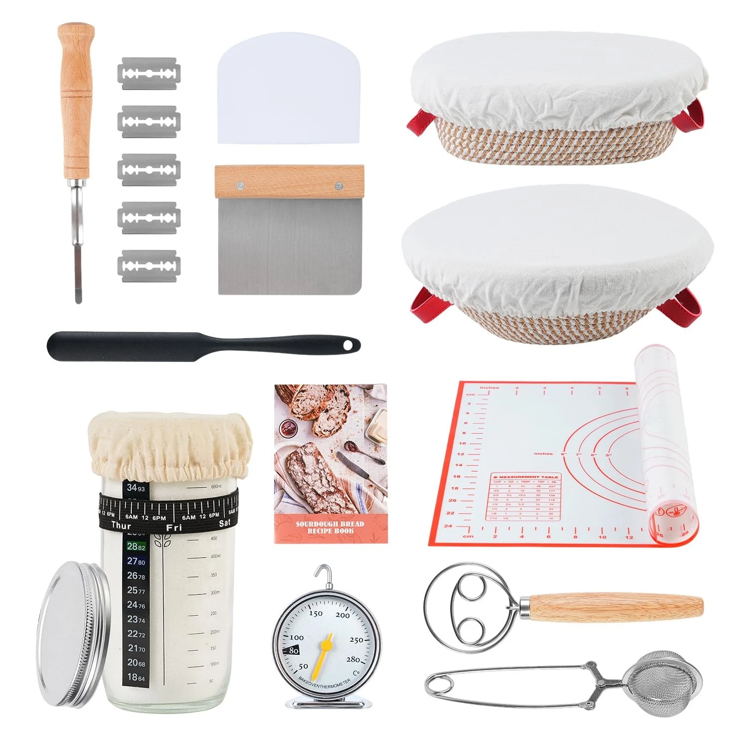 Sourdough Starter Kit 16 PCS, 11" & 9" Cotton Bread Proofing Basket Kit, 24oz...