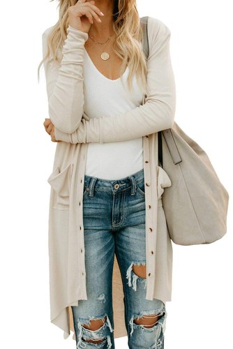 Damen vorne offen leichte lange Strickjacken Herbst Langarm einfarbig gerippt...