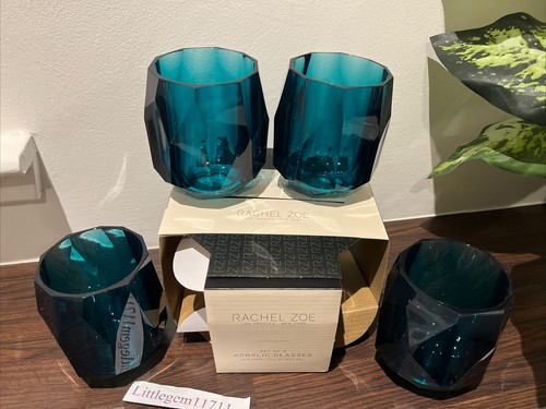Rachel Zoe Set of 4 TEAL Acrylic Stemless Wine Glass Cut Crystal design New - Picture 7 of 23