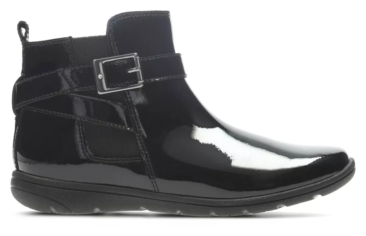 BNIB Clarks Girls VENTURE MOVE Black Patent Leather Ankle Boots F G Fitting