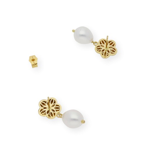 Pendientes Flor con Perlas Blancas y Diamantes en Oro de ley 18k Joya Artesanal - Imagen 7 de 7