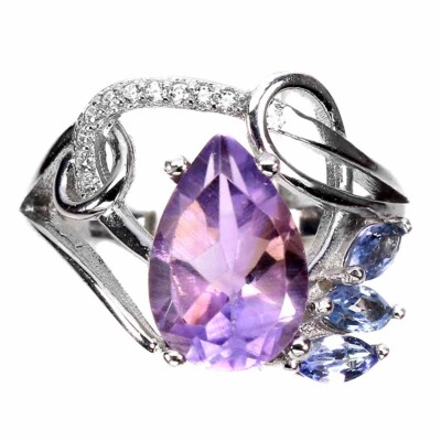 925 Sterlingsilber Birne Amethyst 12x8mm Tansanit Labor Erstellt Cz Ring